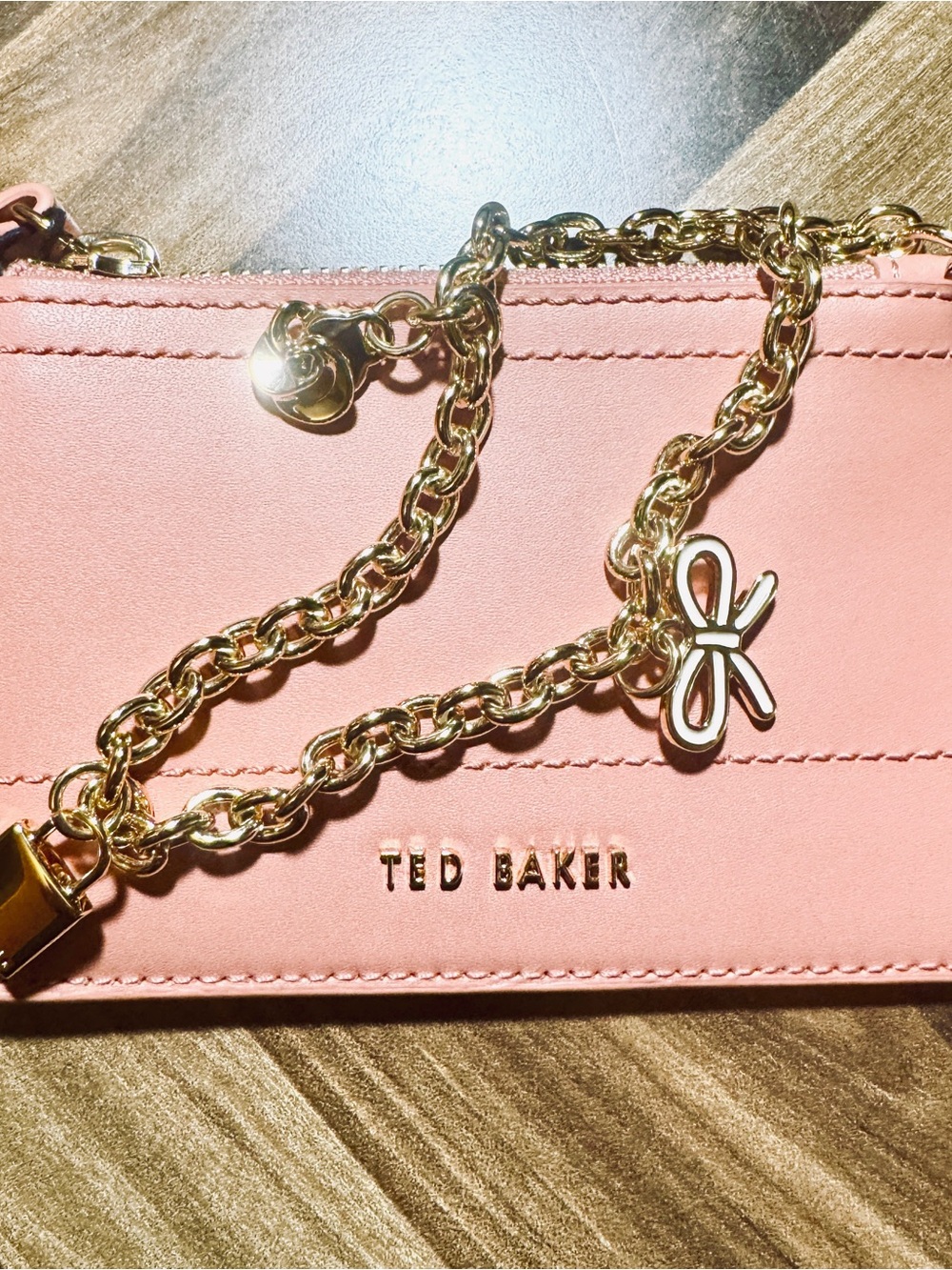 Ted Baker Sutton Coral Pink Leather Card Holder with Gold Charm Chain